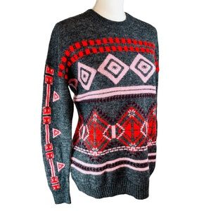 J CREW Gray Wool Mohair Southwest Sweater Sz‎ M Crewneck Pink Lightweight Cozy